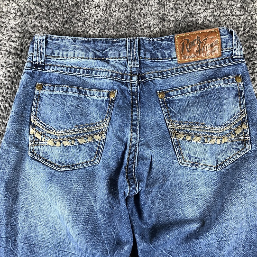 Wrangler Rock 47 Jeans Mens 32x30 Blue Relaxed Fit Bootcut Denim Embroidered
